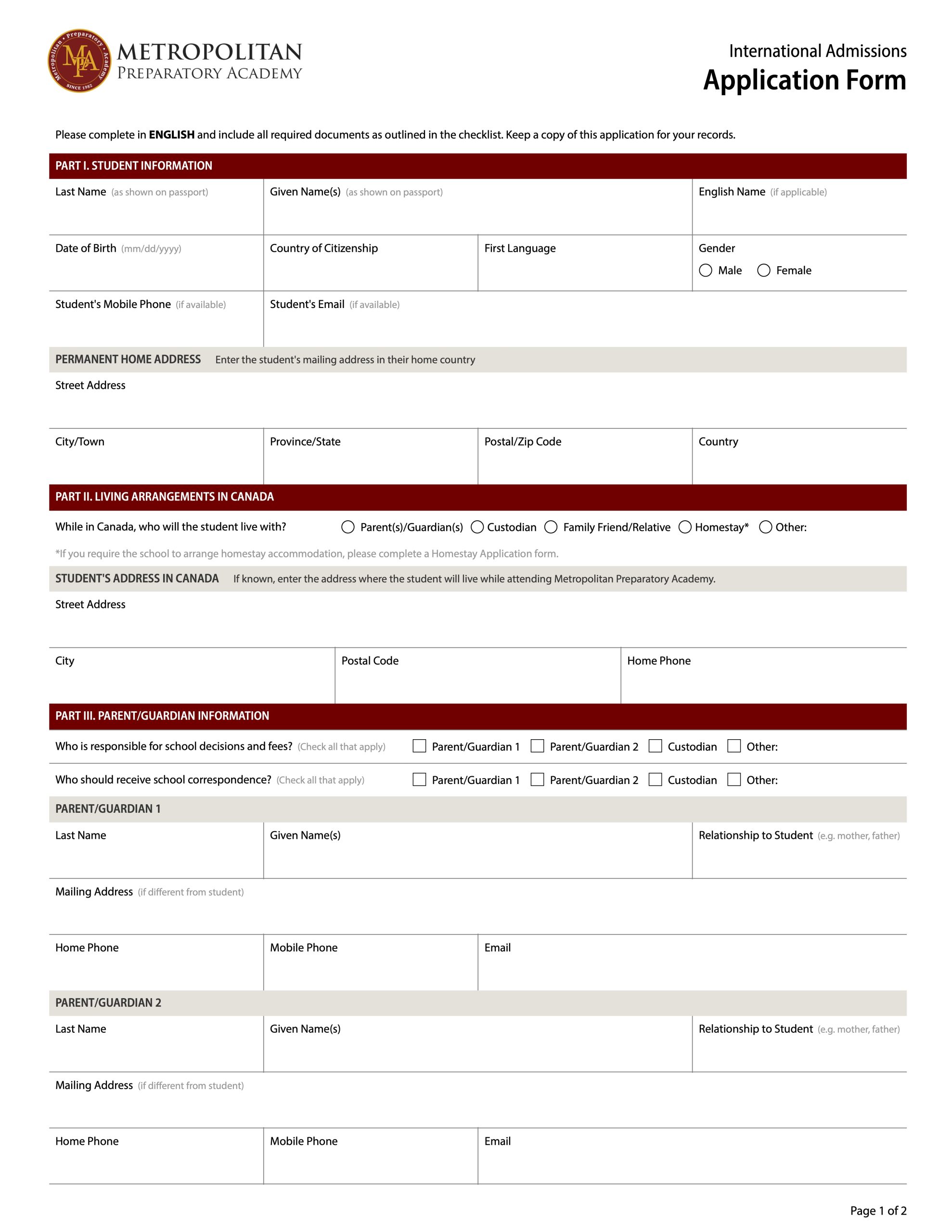 Metro Prep Application Form International Thumbnail